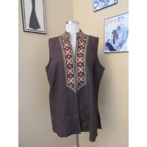 Chico's  Sleeveless Brown Embroidered Linen Vest Size 3